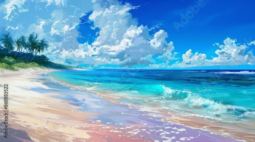 Wallpaper Mural An eye-catching beach scene with clear turquoise waters, a wide sandy beach, and a bright midday sky adorned with puffy white clouds, perfect for summertime relaxation. Torontodigital.ca