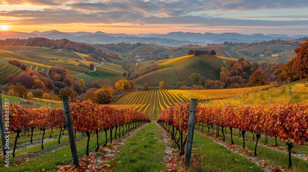 Fototapeta premium Autumnal Vineyard Landscape at Sunset