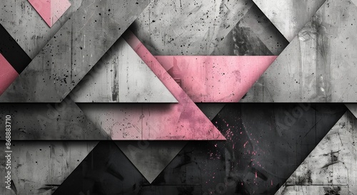 Abstract Geometric Design on Concrete Wall With Pink, Black, and White Triangles