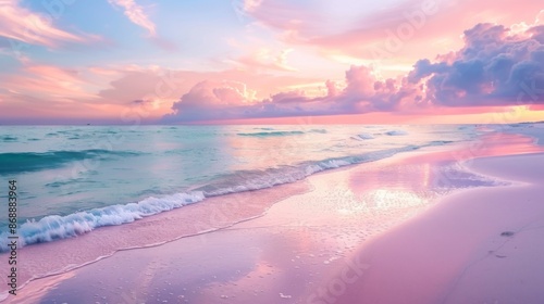 Wallpaper Mural A serene beach scene during sunset featuring soft pastel tones in the sky, gentle waves lapping the shore, and a peaceful ambiance perfect for relaxation. Torontodigital.ca