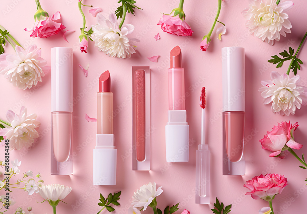 Elegant beauty products display with lipsticks, lip glosses, flowers on pastel pink background Elegant beauty products display with lipsticks, lip glosses, flowers on pastel pink background