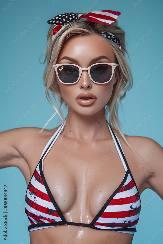 Naklejka premium American Flag Bikini Woman in red white and blue Swimwear, 4th of july, patriotic, memorial day, labor day, celebrating the USA