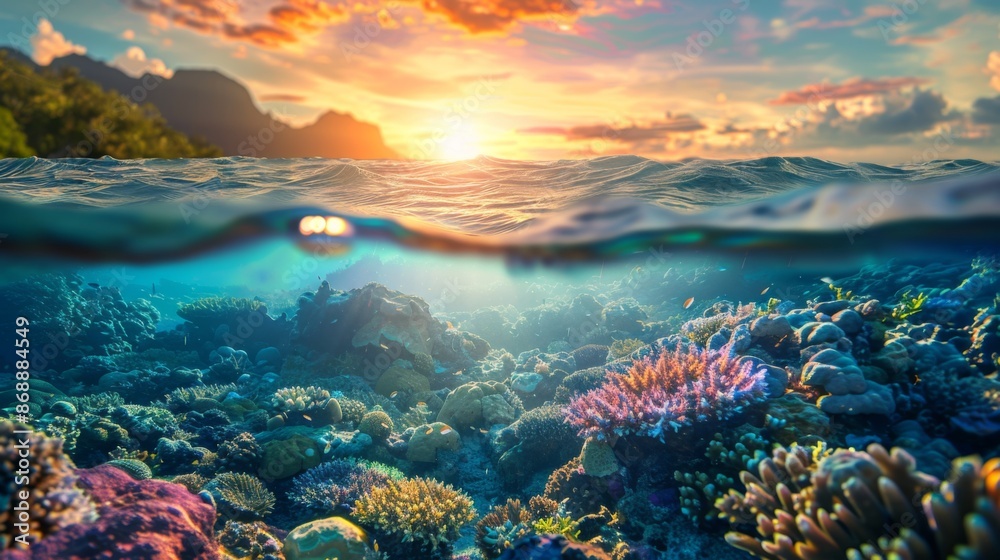 Fototapeta premium The glow of the setting sun illuminates a thriving underwater coral garden, revealing a kaleidoscope of marine life and vibrant coral formations in a breathtakingly serene ocean scene.
