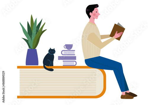 フラットでシンプルな大きな本に座って読書をする大人の男性と猫のイラスト