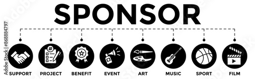Sponsor icon banner web illustration with support, project, benefit, art, event, music, sport, and film icons	