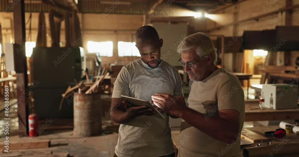 Man, carpenter and inspection with tablet at warehouse for woodwork, research or inventory at workshop. Carpentry people or handyman discussing project, build or repair with technology in storage Man, carpenter and inspection with tablet at warehouse for woodwork, research or inventory at workshop. Carpentry people or handyman discussing project, build or repair with technology in storage