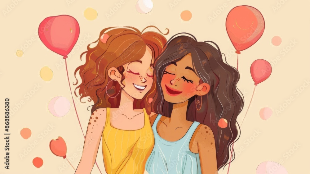 A lively and cheerful illustration of two friends standing closely while smiling, with heart-shaped balloons floating in the background, representing joy and celebration. A lively and cheerful illustration of two friends standing closely while smiling, with heart-shaped balloons floating in the background, representing joy and celebration.