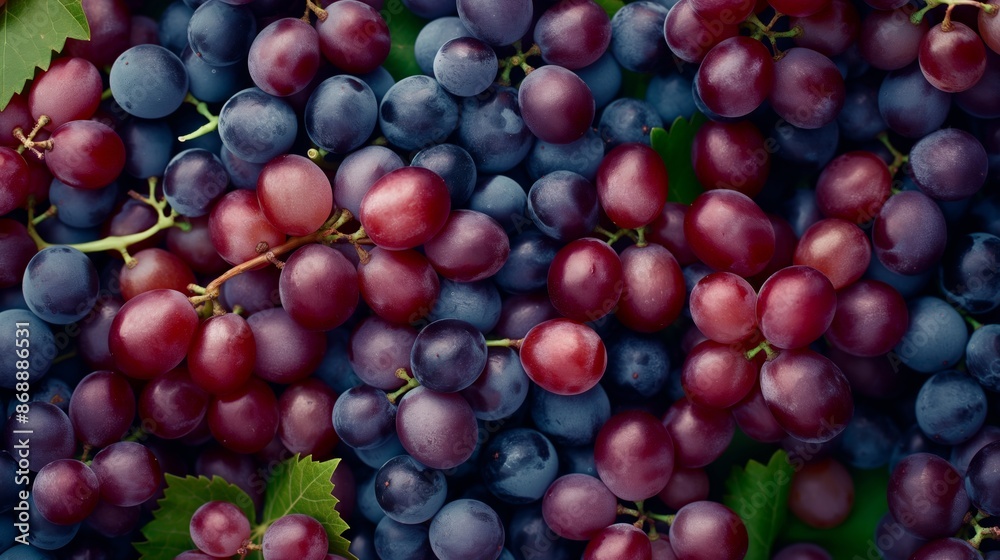 Close up of red and blue grapes with green leaves. Close up of red and blue grapes with green leaves.