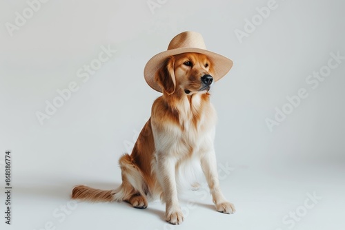 Golden retriever wearing a hat, sitting.