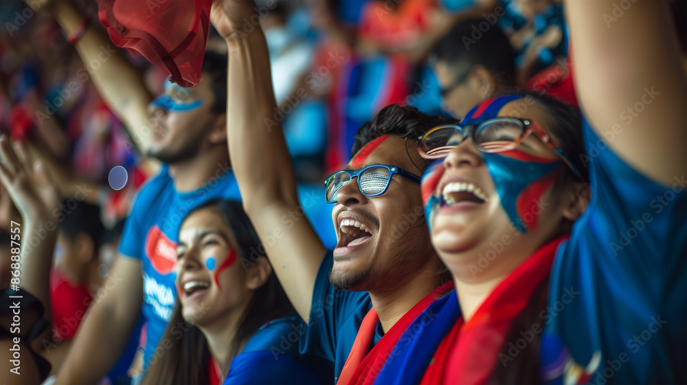 A group of happy and euphoric fans cheering in a soccer stadium. A group of happy and euphoric fans cheering in a soccer stadium.