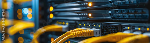 Data center with yellow network cables, detailed view, server room