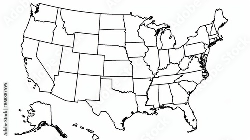 A simple, black and white outline map of the United States of America without labels, showcasing the borders and shapes of each state, perfect for educational use.