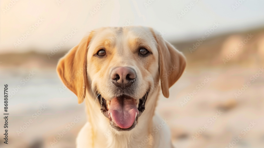 Close-up of a cheerful Labrador Retriever with its tongue out, enjoying a sunny day at the beach.