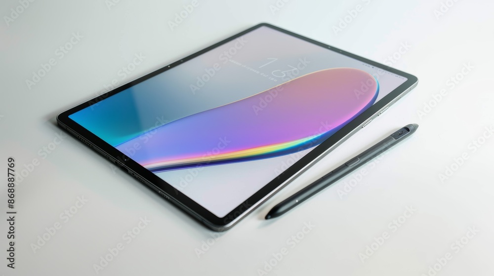 Contemporary tablet with a stylus pen rests on a white surface, showcasing a vibrant abstract screensaver Contemporary tablet with a stylus pen rests on a white surface, showcasing a vibrant abstract screensaver