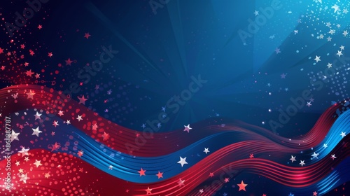 Wallpaper Mural In this image, vibrant red and blue wavy lines adorned with white stars traverse a dark, abstract background, producing a captivating visual reminiscent of celebration and energy. Torontodigital.ca