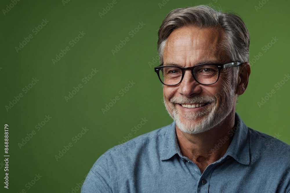 Mature man with smile on face next to empty space on dark green background. Handsome man with space for advertising text. Mature man with smile on face next to empty space on dark green background. Handsome man with space for advertising text.