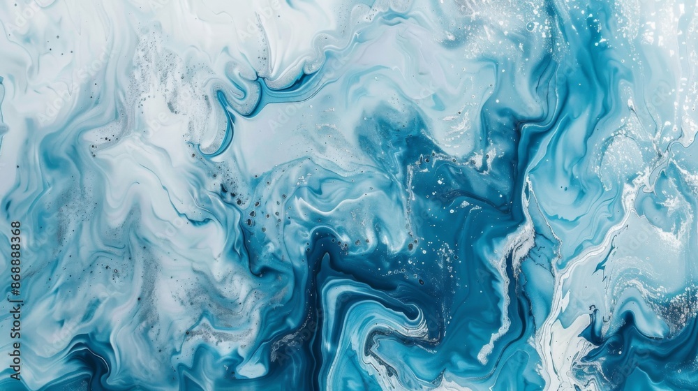 This artwork is an abstract fluid painting in various shades of blue and white, evoking the serene and ever-changing nature of oceanic currents and dynamic water movements.