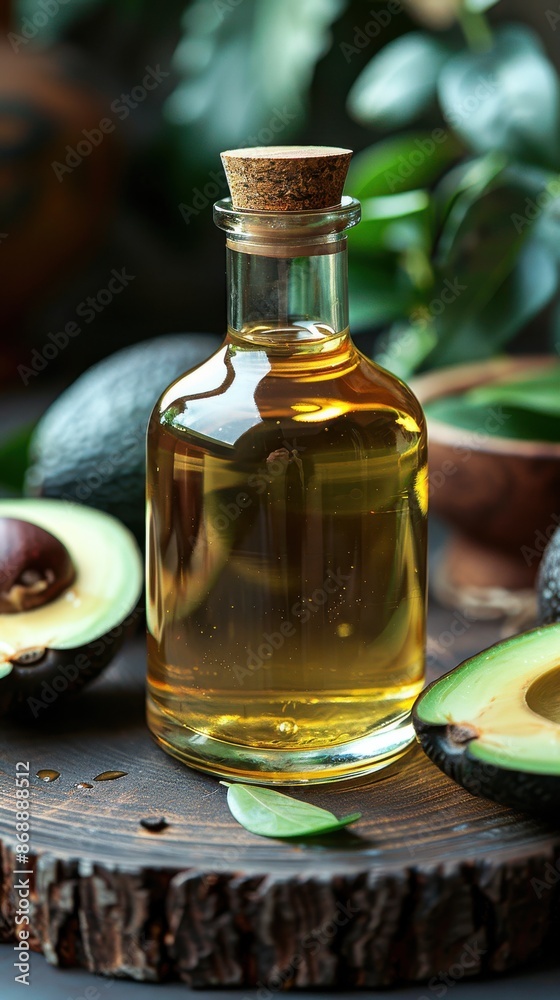 Glass bottle filled with avocado oil, surrounded by fresh avocado halves and leaves on a rustic wooden surface. Glass bottle filled with avocado oil, surrounded by fresh avocado halves and leaves on a rustic wooden surface.