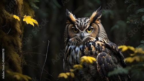 "In the depths of the dark forest, a pair of piercing yellow eyes peer out from the shadows, as a great horned owl silently stalks its prey." © Waqasiii_Arts 