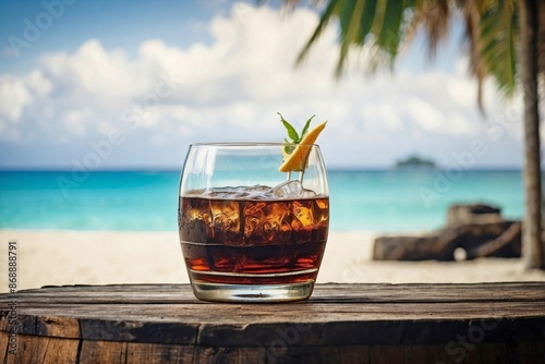 Rum: A glass of dark rum on a rustic wooden barrel, with a blurred tropical beach scene in the background.