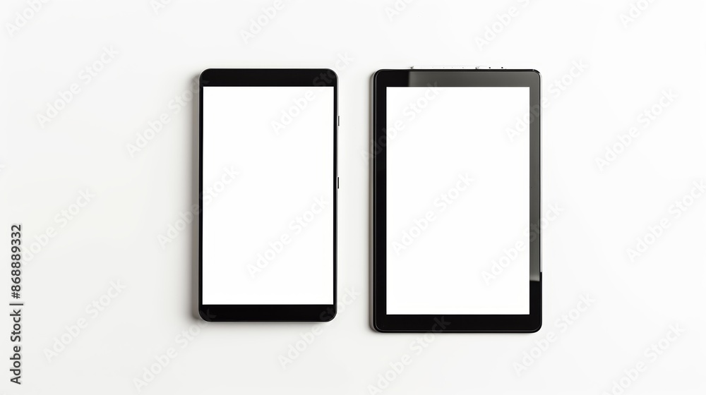 Smartphone and a digital tablet are lying on a white surface, showing a blank screen Smartphone and a digital tablet are lying on a white surface, showing a blank screen