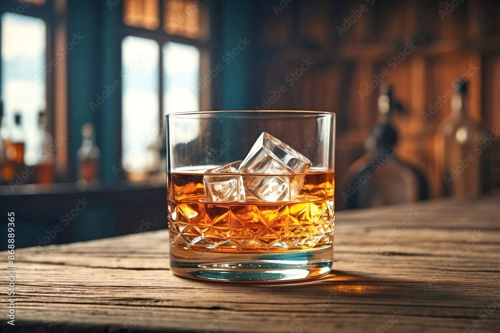 Rye: A glass of rye whiskey with ice, placed on a minimalist wooden surface with a soft focus background of a distillery. Rye: A glass of rye whiskey with ice, placed on a minimalist wooden surface with a soft focus background of a distillery.