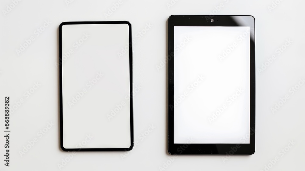 Modern communication technology: two sleek digital tablets with blank screens on a white surface, ideal for design projects Modern communication technology: two sleek digital tablets with blank screens on a white surface, ideal for design projects