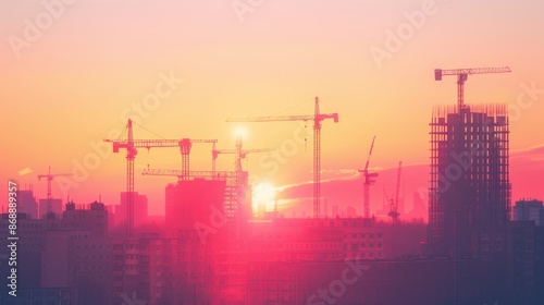construction site sunset view focusing on innovation futuristic tone Triadic Color Scheme