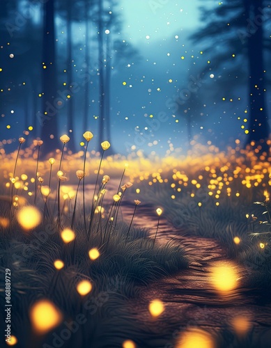 
A serene evening in a meadow with fireflies lighting up the scene. The softly blurred background with a bokeh effect highlights the gentle curves of the landscape.
