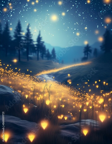
A serene evening in a meadow with fireflies lighting up the scene. The softly blurred background with a bokeh effect highlights the gentle curves of the landscape.