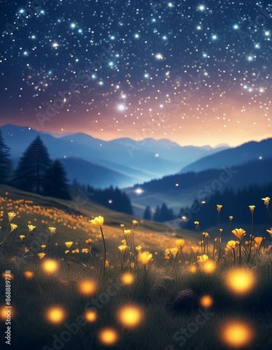 A calm night in a meadow illuminated by fireflies. The background is smoothly blurred with a bokeh effect, accentuating the gentle curves of the landscape.