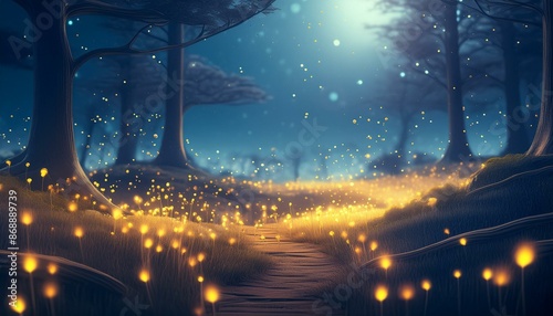 A peaceful night in a meadow where fireflies light up the scene. The background is smoothly blurred with a bokeh effect, emphasizing the gentle curves of the landscape.
