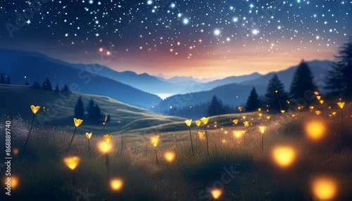 A peaceful night in a meadow where fireflies light up the scene. The background is smoothly blurred with a bokeh effect, emphasizing the gentle curves of the landscape.