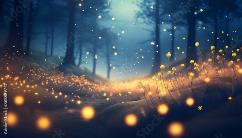 A calm night in a meadow illuminated by fireflies. The background is smoothly blurred with a bokeh effect, accentuating the gentle curves of the landscape.