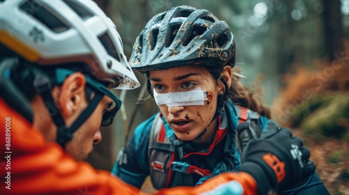 A man and a woman are in a forest, the man is wearing a helmet