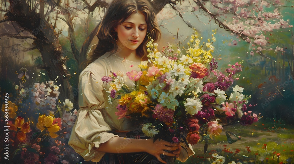 beautiful young woman with a large bouquet of flowers in the park. beautiful young woman with a large bouquet of flowers in the park.