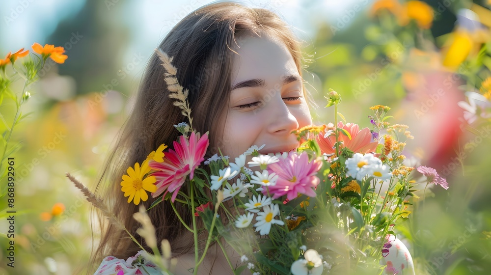 beautiful young woman with a large bouquet of flowers in the park. beautiful young woman with a large bouquet of flowers in the park.