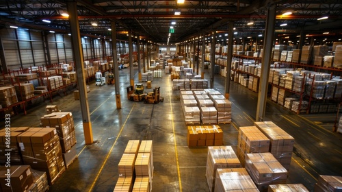 A focused perspective of a busy cargo warehouse in a contemporary port, showcasing the dynamics and sophistication of global logistics, photography style