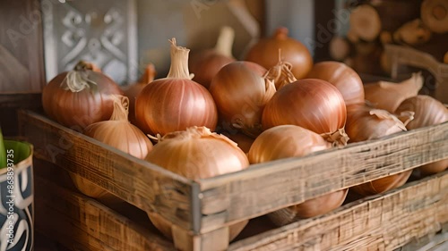 Fresh Onions in Wooden Crate with Ai generated.
