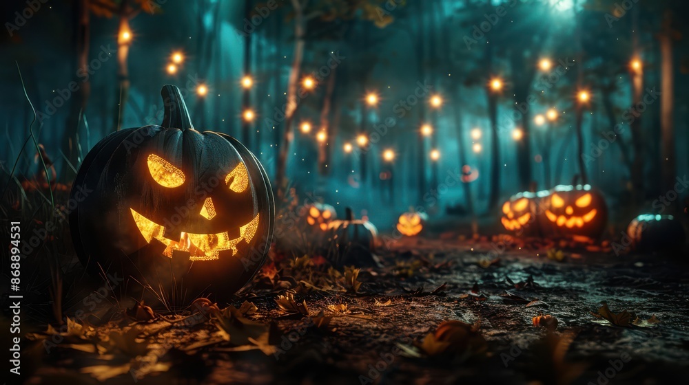 A pumpkin with a smiley face is surrounded by other pumpkins with scary faces A pumpkin with a smiley face is surrounded by other pumpkins with scary faces