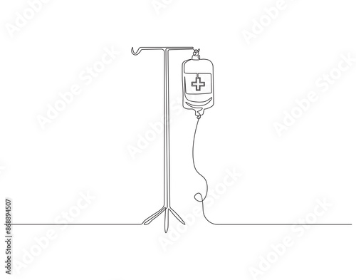 Continuous one line drawing of blood medical bag. One line drawing illustration of iv bag, intravenous bag. Medical equipment, World health day concept line art. Editable outline.