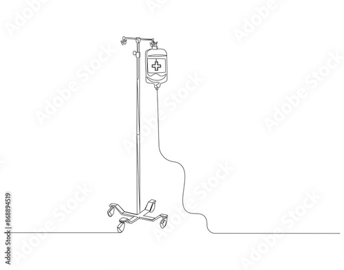 Continuous one line drawing of blood medical bag. One line drawing illustration of iv bag, intravenous bag. Medical equipment, World health day concept line art. Editable outline.