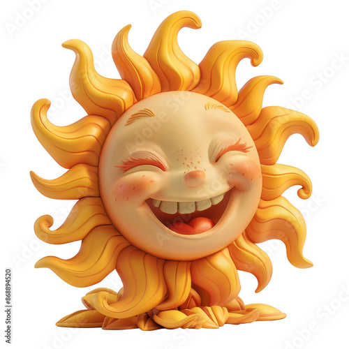 Bright sun with a joyful expression, 3D clay style shining brightly in the sky.