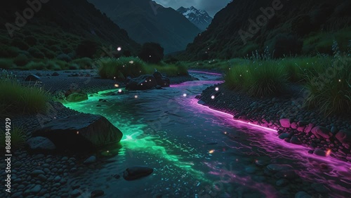 This video shows a river flowing through a valley at night. The water in the river is glowing a bright neon green and pink, and there are some rocks and vegetation on the banks of the river.