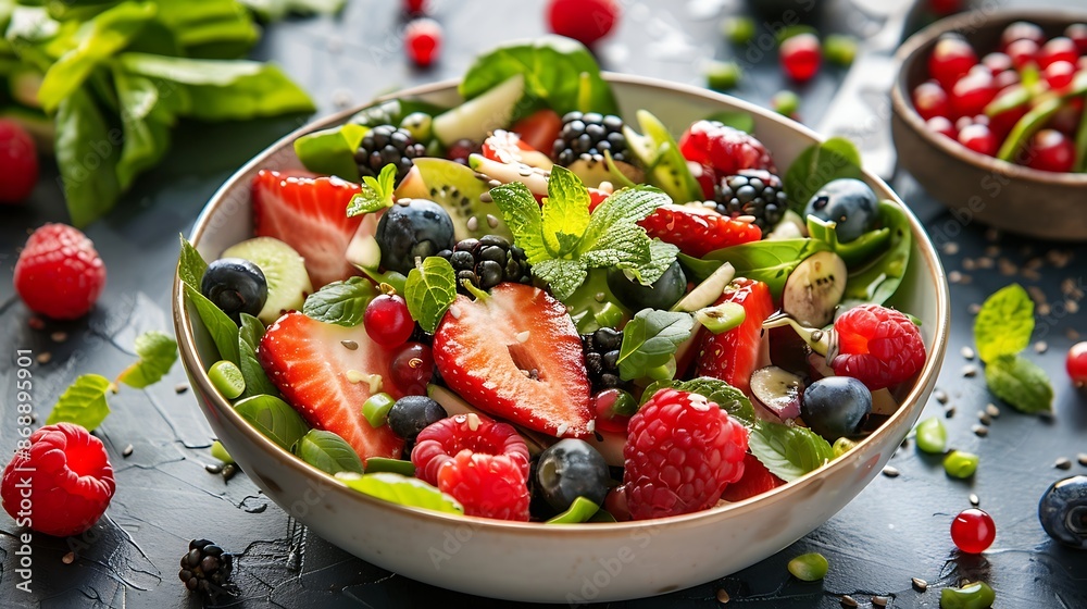 Fruit salad with fresh berries and mint on plate