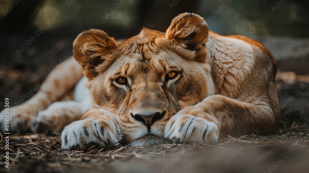 Naklejka premium A lion is resting comfortably