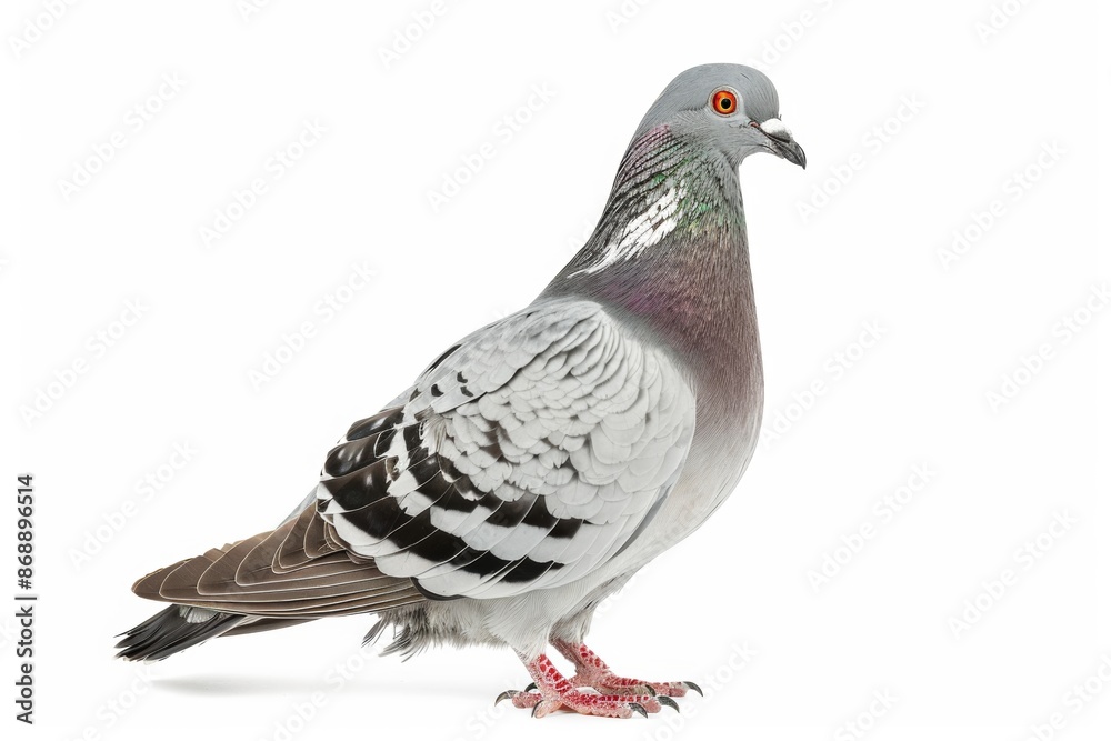 Portrait of a pigeon with grey feathers on a white background, standing in profile. Portrait of a pigeon with grey feathers on a white background, standing in profile.