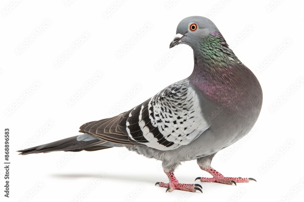 Portrait of a pigeon with grey feathers on a white background, standing in profile. Portrait of a pigeon with grey feathers on a white background, standing in profile.