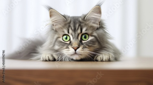 a shaggy cat with green eyes lying on the floor. The cat has light gray fur with striped patterns and sharp green eyes.