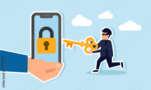 Cyber security hacker stealing money online, phishing, or digital banking threats, concept of A hand holding a mobile smartphone with a lock and keyhole, depicting a criminal using a key